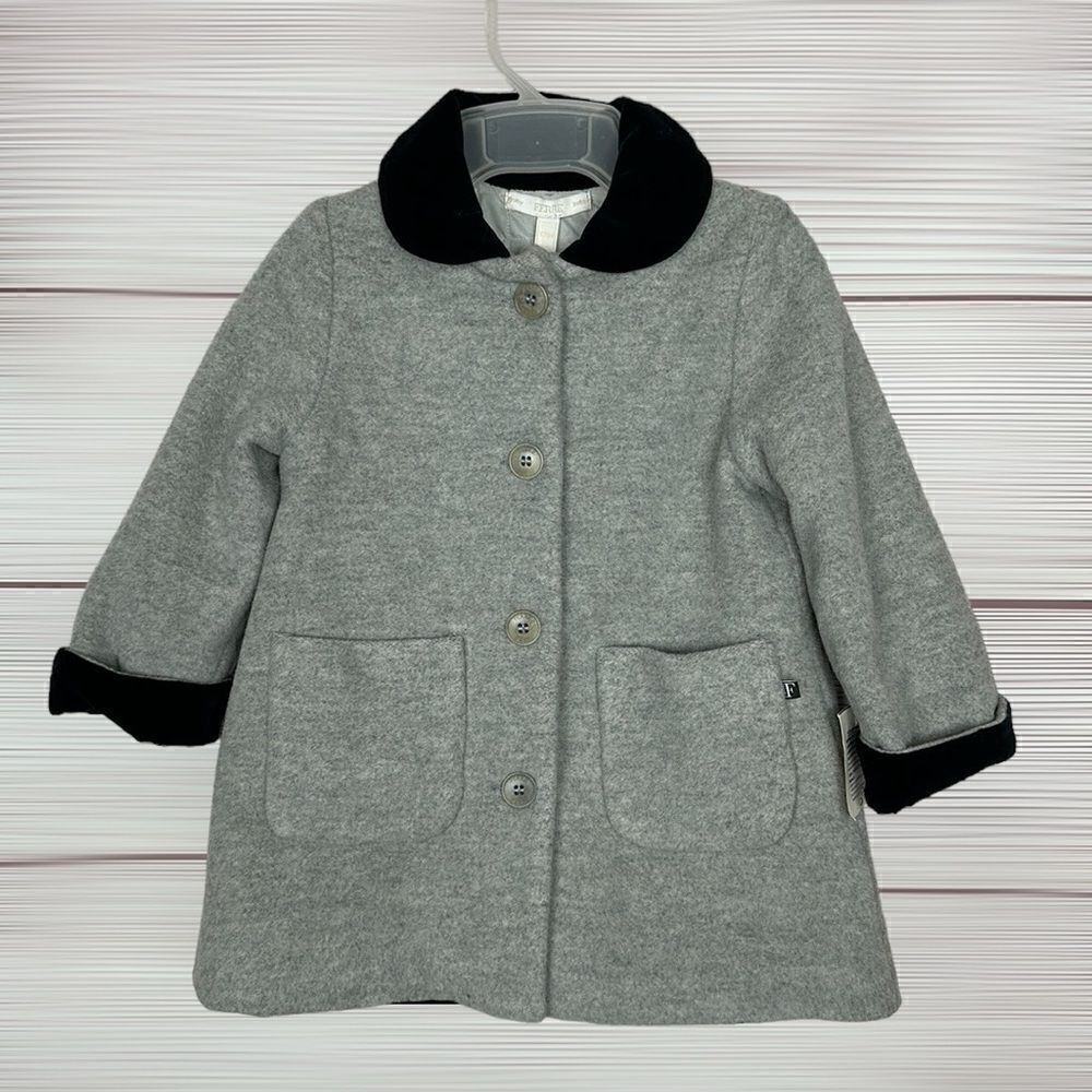 NWT FERRE Vintage Baby Girl Gray Coat Wool Blend Black Velvet Collar Cuffs 12 m